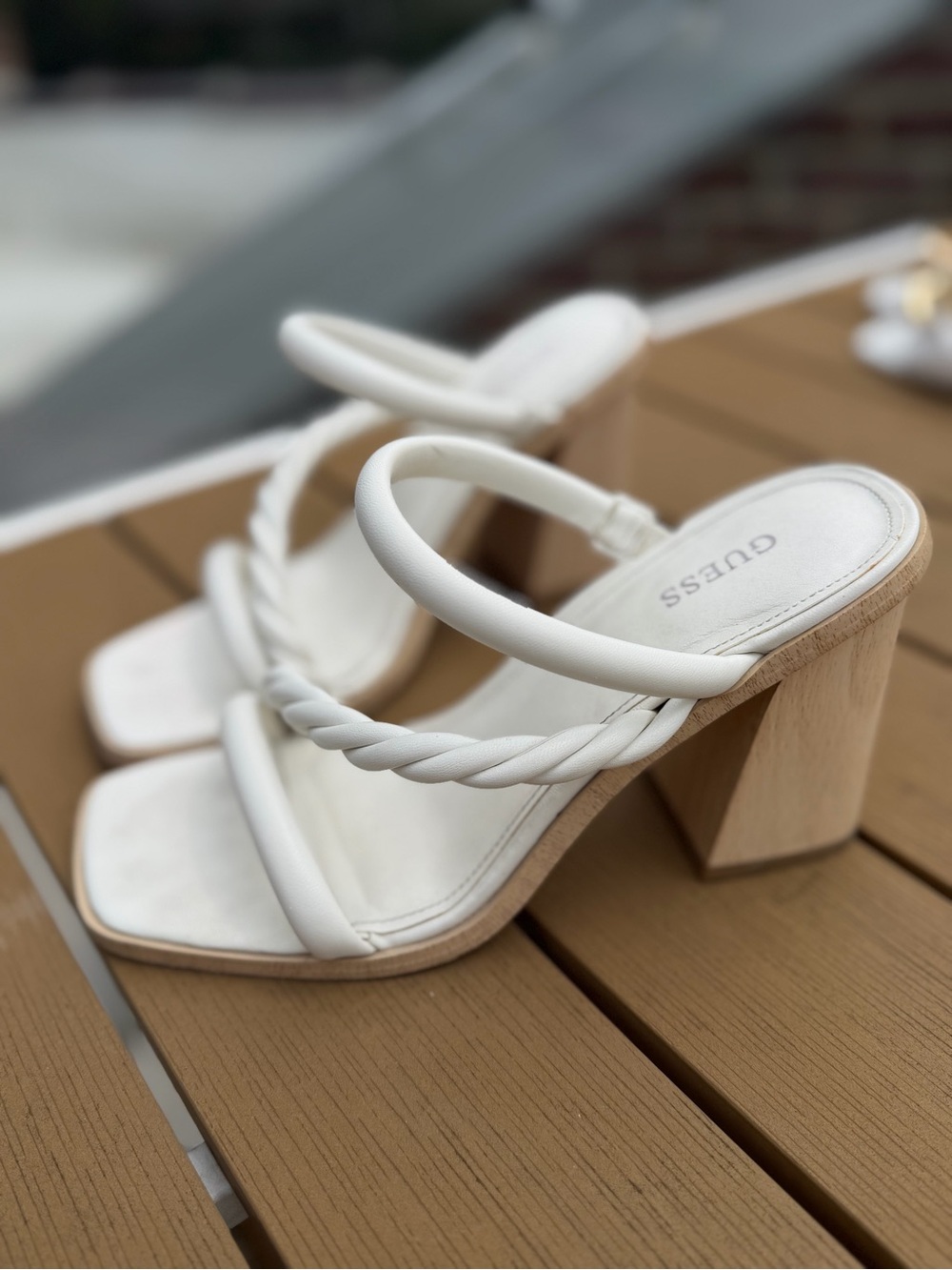 GUESS White Braided and Smooth Strap Block Heel Sandals